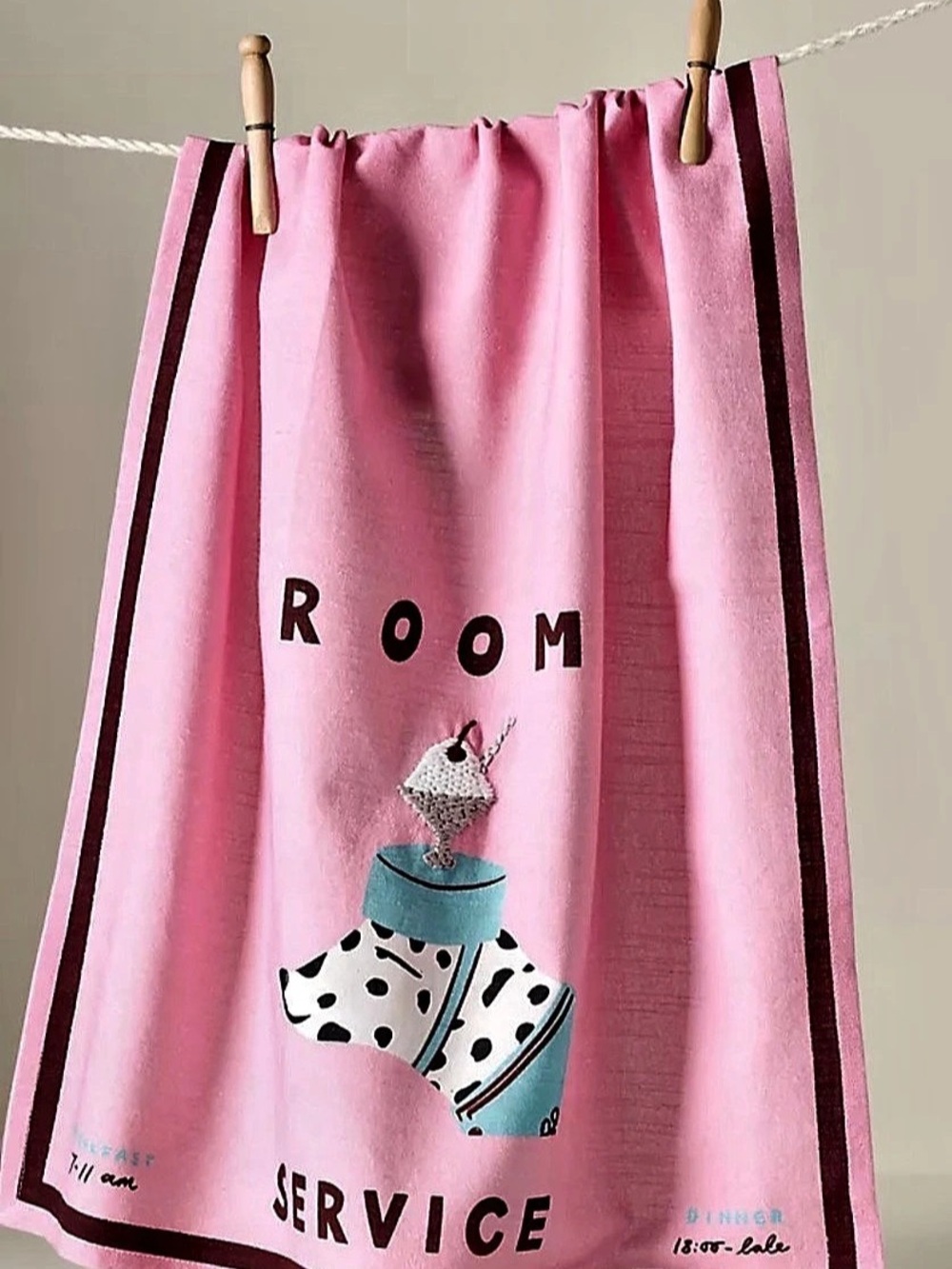 Anthropologie NWT Nephthys Foster Hotel Pink Dog Kitchen Towel Room Service